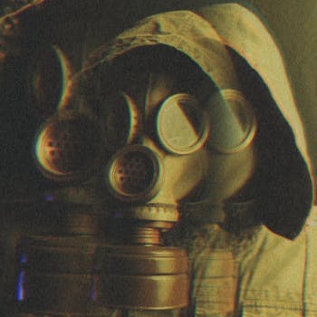 Vintage film photo of a person in a gas mask, using multi-exposure for an eerie effect.